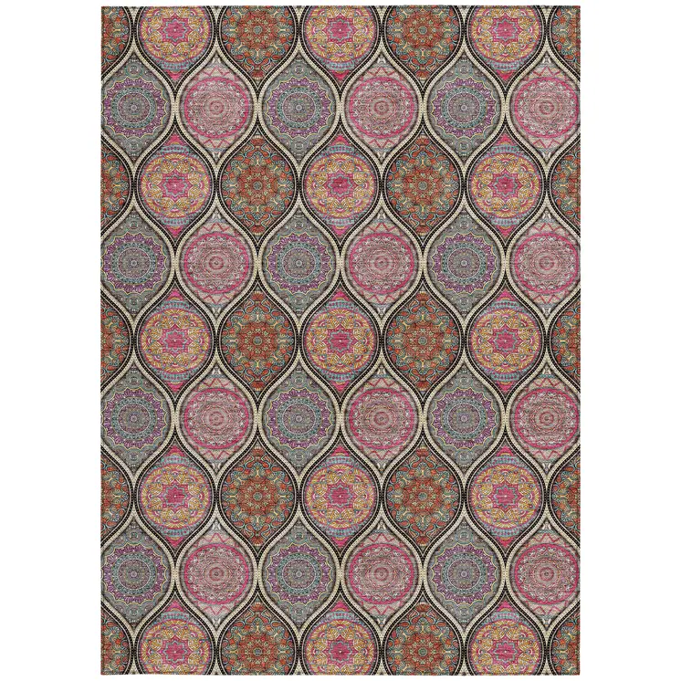 8' X 10' Black Pink And Orange Floral Medallion Washable Indoor Outdoor Area Rug