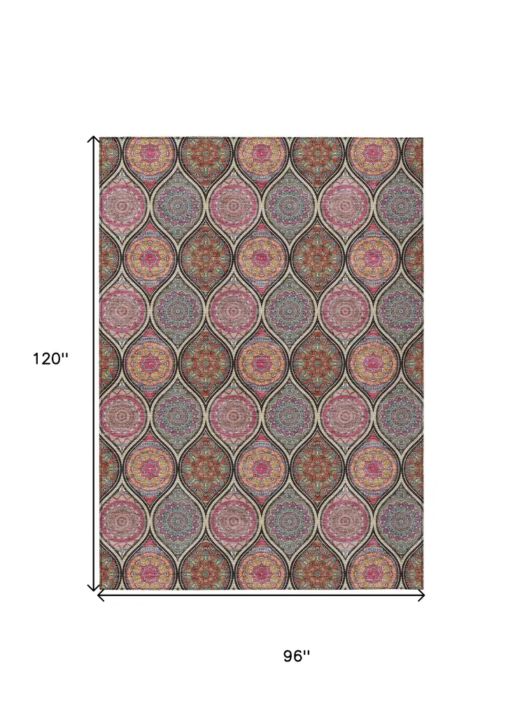 8' X 10' Black Pink And Orange Floral Medallion Washable Indoor Outdoor Area Rug