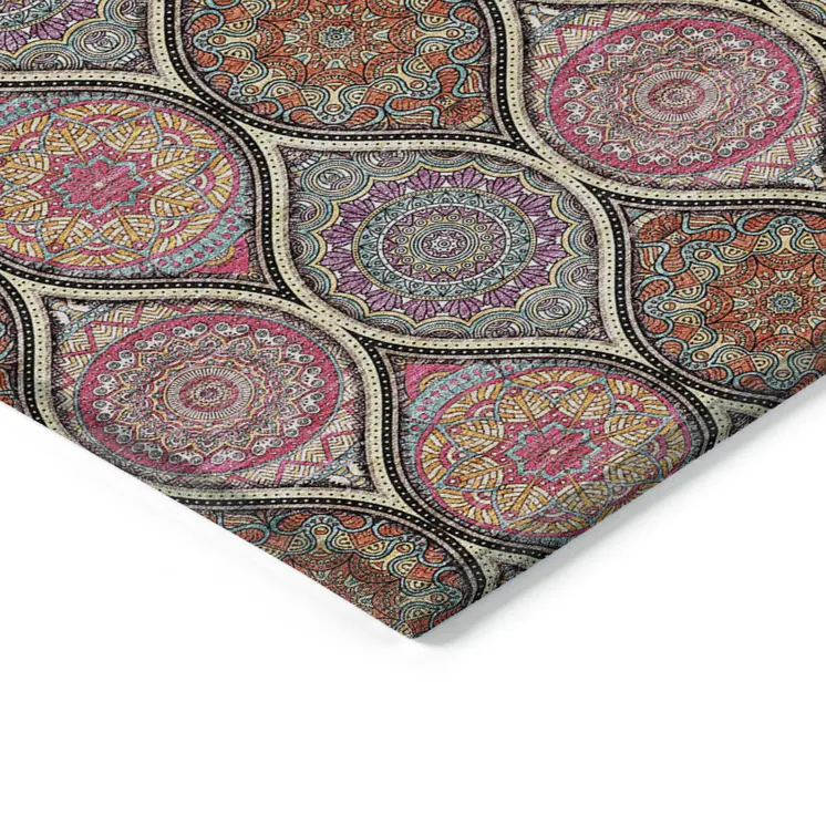 8' X 10' Black Pink And Orange Floral Medallion Washable Indoor Outdoor Area Rug