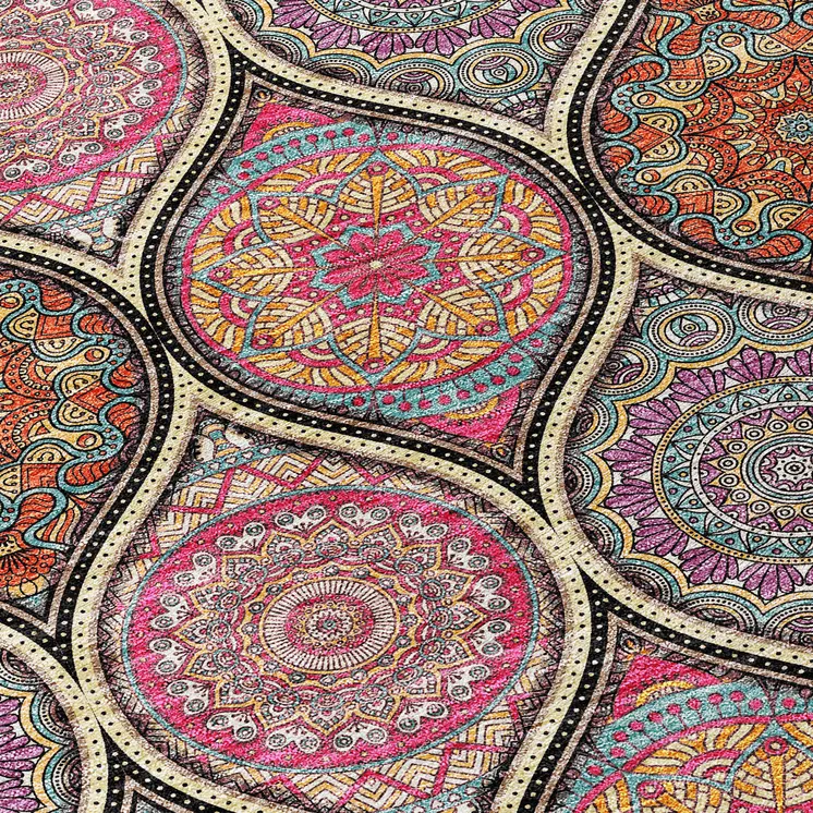 8' X 10' Black Pink And Orange Floral Medallion Washable Indoor Outdoor Area Rug