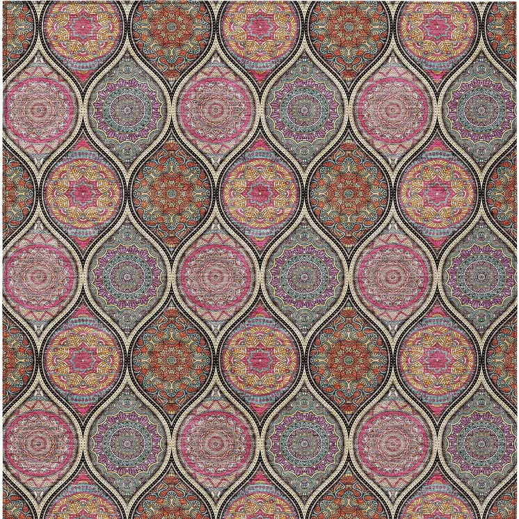 10' X 14' Black Pink And Orange Floral Medallion Washable Indoor Outdoor Area Rug