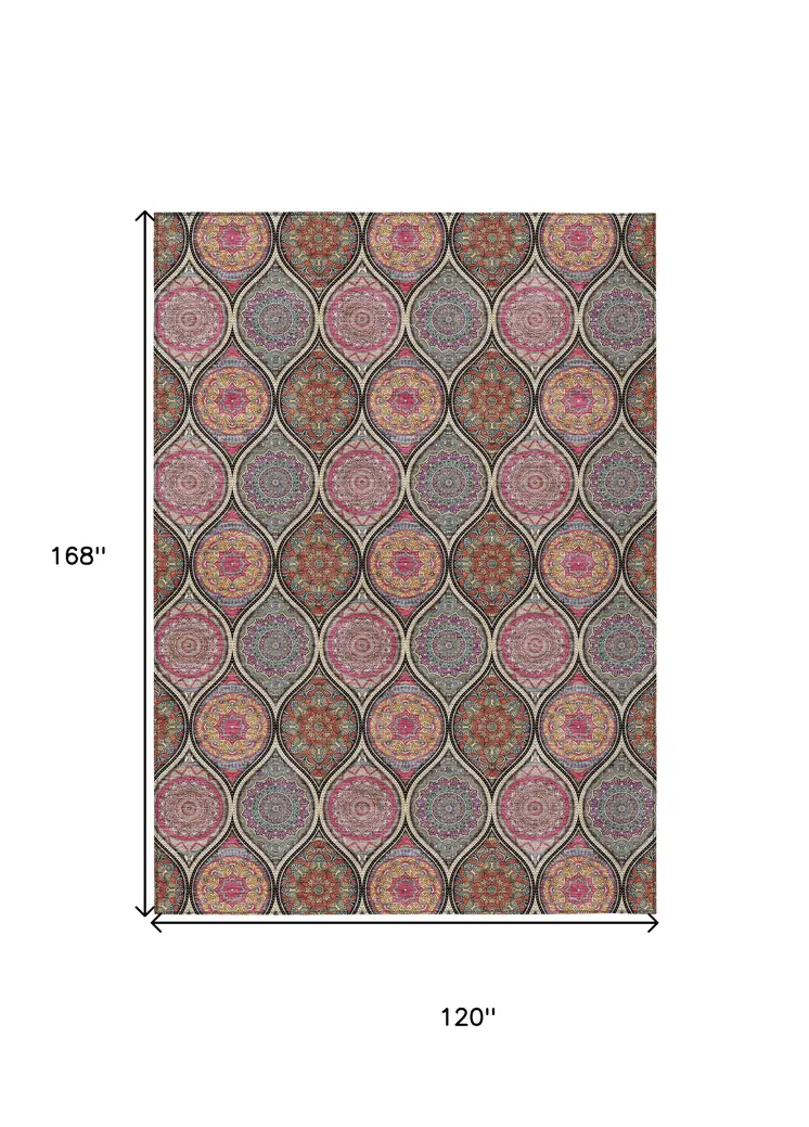 10' X 14' Black Pink And Orange Floral Medallion Washable Indoor Outdoor Area Rug
