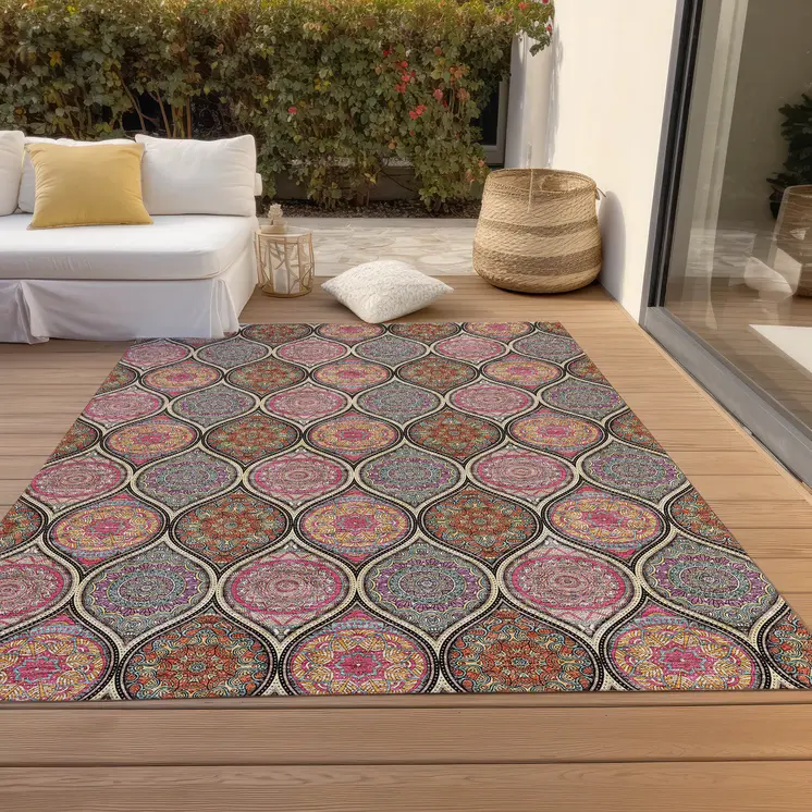 10' X 14' Black Pink And Orange Floral Medallion Washable Indoor Outdoor Area Rug