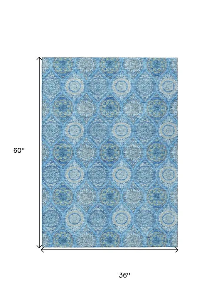 3' X 5' Denim Blue Sky Blue And Ivory Floral Medallion Washable Indoor Outdoor Area Rug