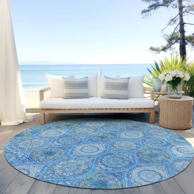 8' Denim Blue Sky Blue And Ivory Round Floral Medallion Washable Indoor Outdoor Area Rug