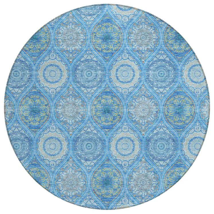 8' Denim Blue Sky Blue And Ivory Round Floral Medallion Washable Indoor Outdoor Area Rug
