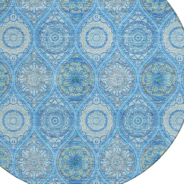 8' Denim Blue Sky Blue And Ivory Round Floral Medallion Washable Indoor Outdoor Area Rug