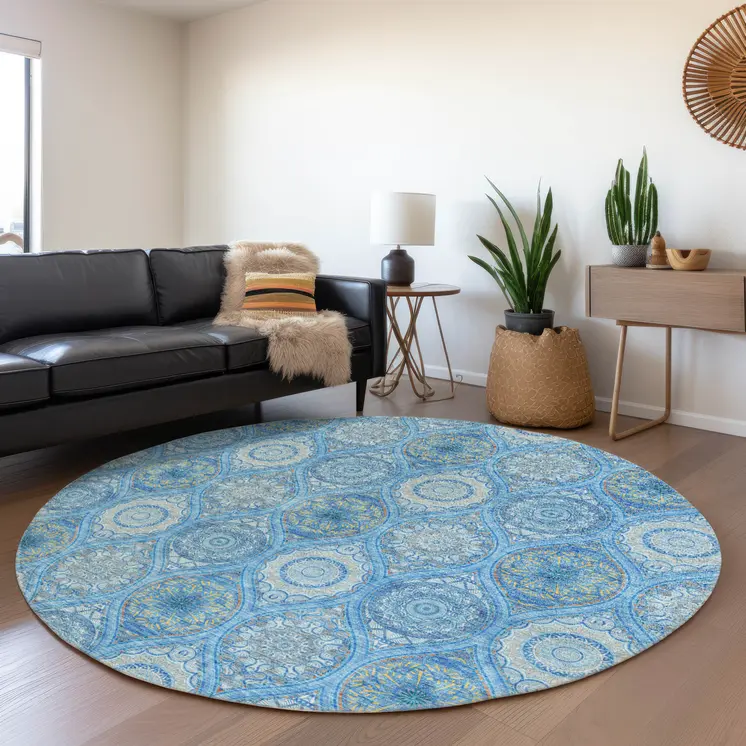8' Denim Blue Sky Blue And Ivory Round Floral Medallion Washable Indoor Outdoor Area Rug