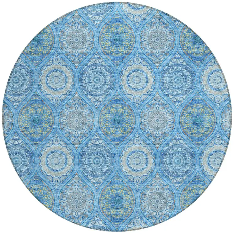 8' Denim Blue Sky Blue And Ivory Round Floral Medallion Washable Indoor Outdoor Area Rug