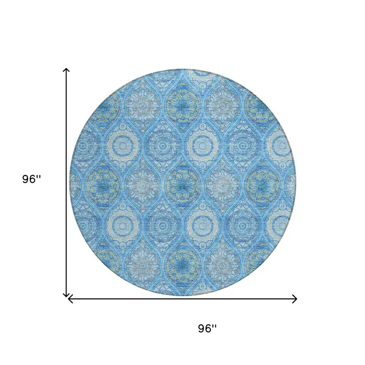 8' Denim Blue Sky Blue And Ivory Round Floral Medallion Washable Indoor Outdoor Area Rug