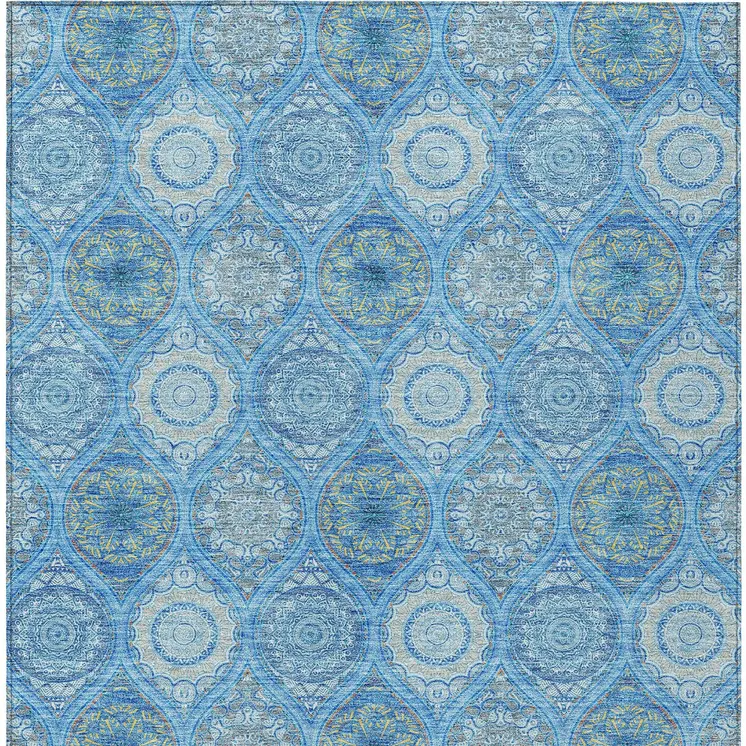 9' X 12' Denim Blue Sky Blue And Ivory Floral Medallion Washable Indoor Outdoor Area Rug