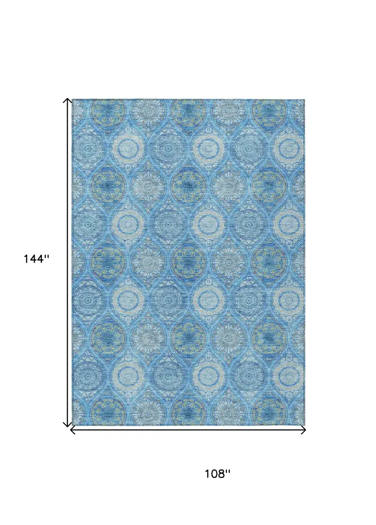 9' X 12' Denim Blue Sky Blue And Ivory Floral Medallion Washable Indoor Outdoor Area Rug