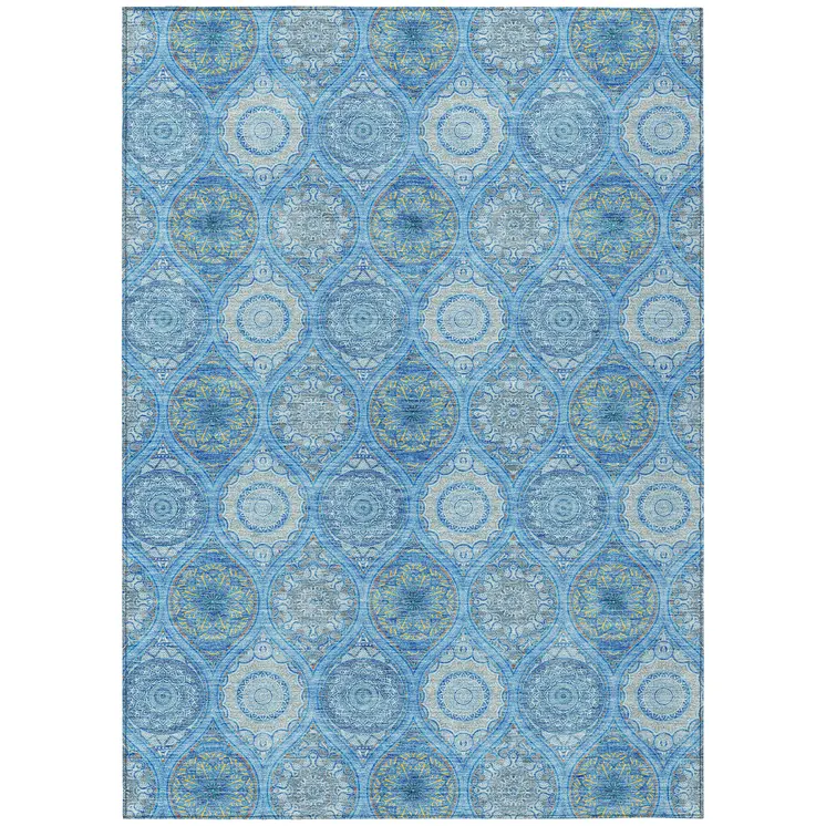 9' X 12' Denim Blue Sky Blue And Ivory Floral Medallion Washable Indoor Outdoor Area Rug