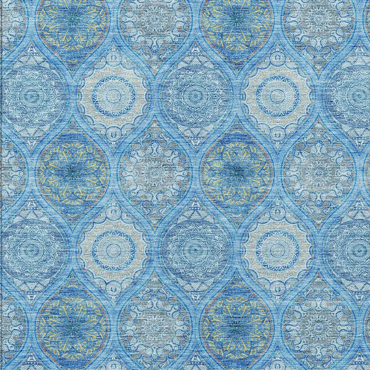 9' X 12' Denim Blue Sky Blue And Ivory Floral Medallion Washable Indoor Outdoor Area Rug