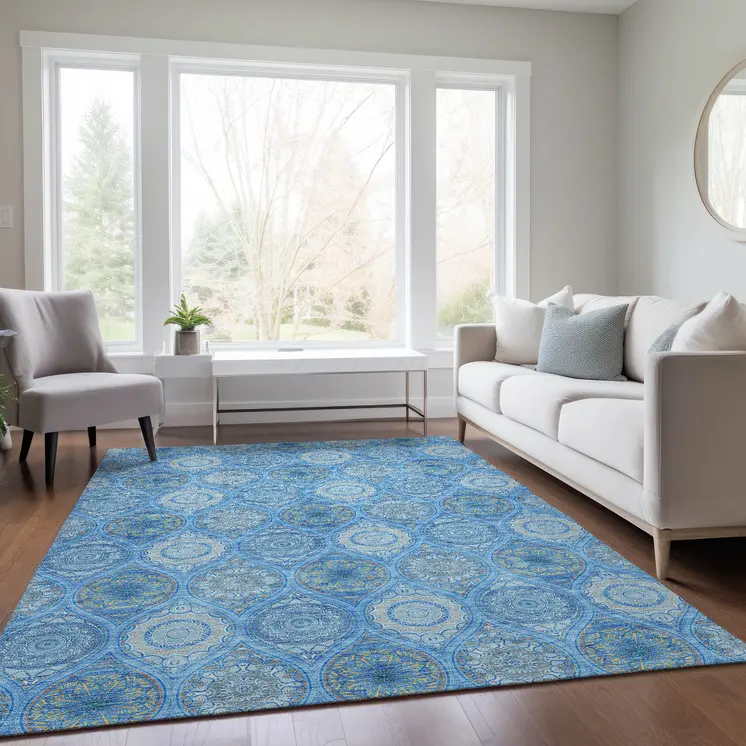 9' X 12' Denim Blue Sky Blue And Ivory Floral Medallion Washable Indoor Outdoor Area Rug
