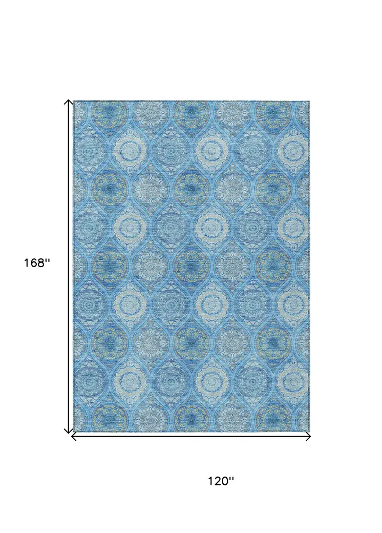 10' X 14' Denim Blue Sky Blue And Ivory Floral Medallion Washable Indoor Outdoor Area Rug
