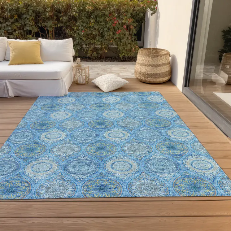 10' X 14' Denim Blue Sky Blue And Ivory Floral Medallion Washable Indoor Outdoor Area Rug