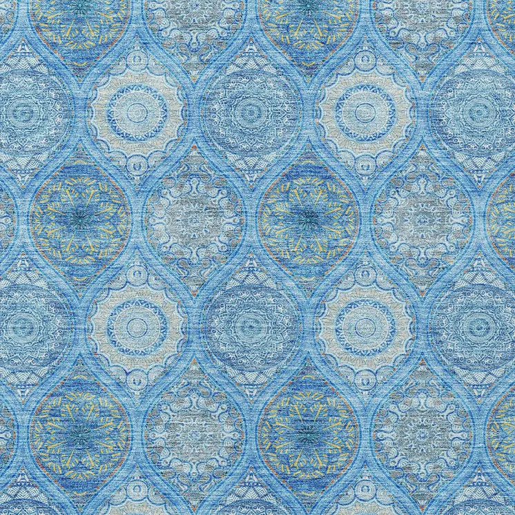 10' X 14' Denim Blue Sky Blue And Ivory Floral Medallion Washable Indoor Outdoor Area Rug
