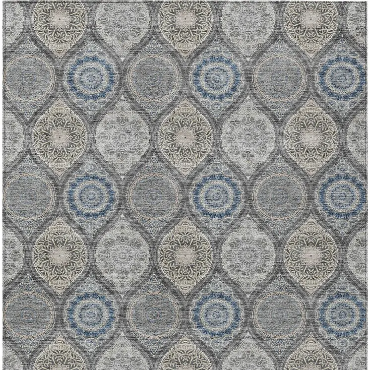 3' X 5' Gray Ivory And Navy Blue Floral Medallion Washable Indoor Outdoor Area Rug
