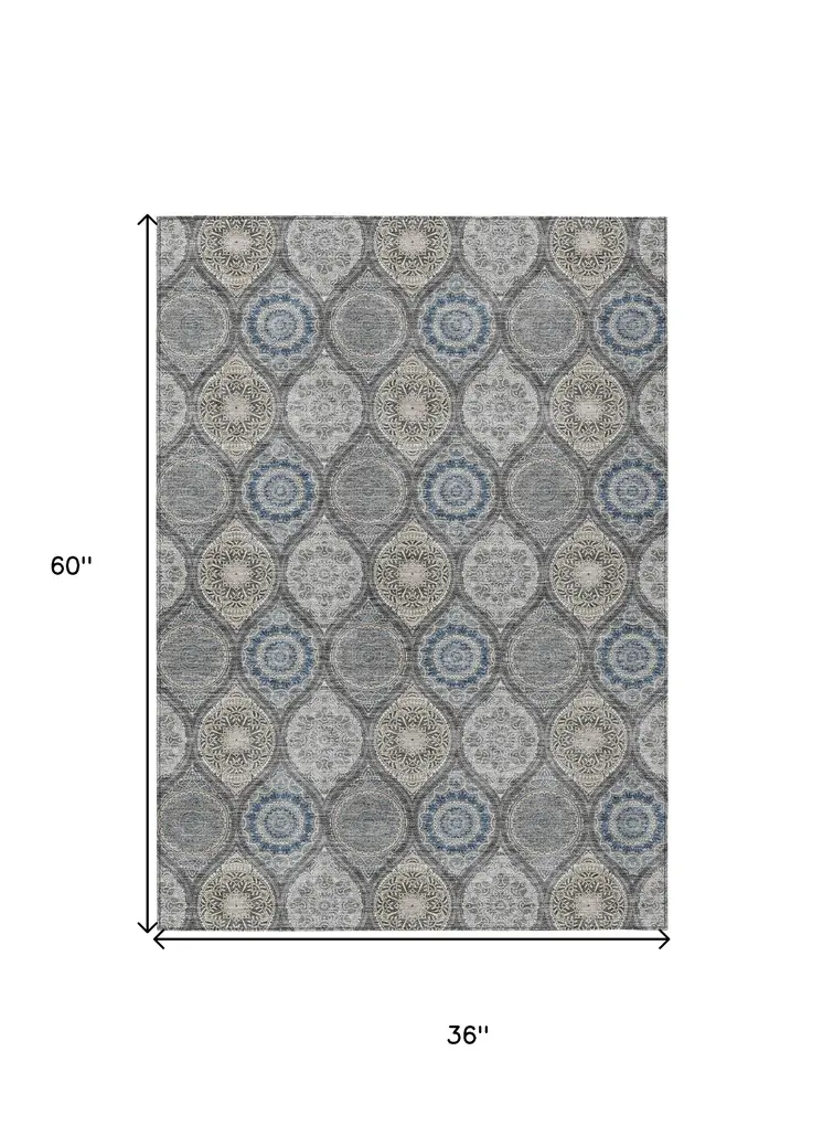 3' X 5' Gray Ivory And Navy Blue Floral Medallion Washable Indoor Outdoor Area Rug