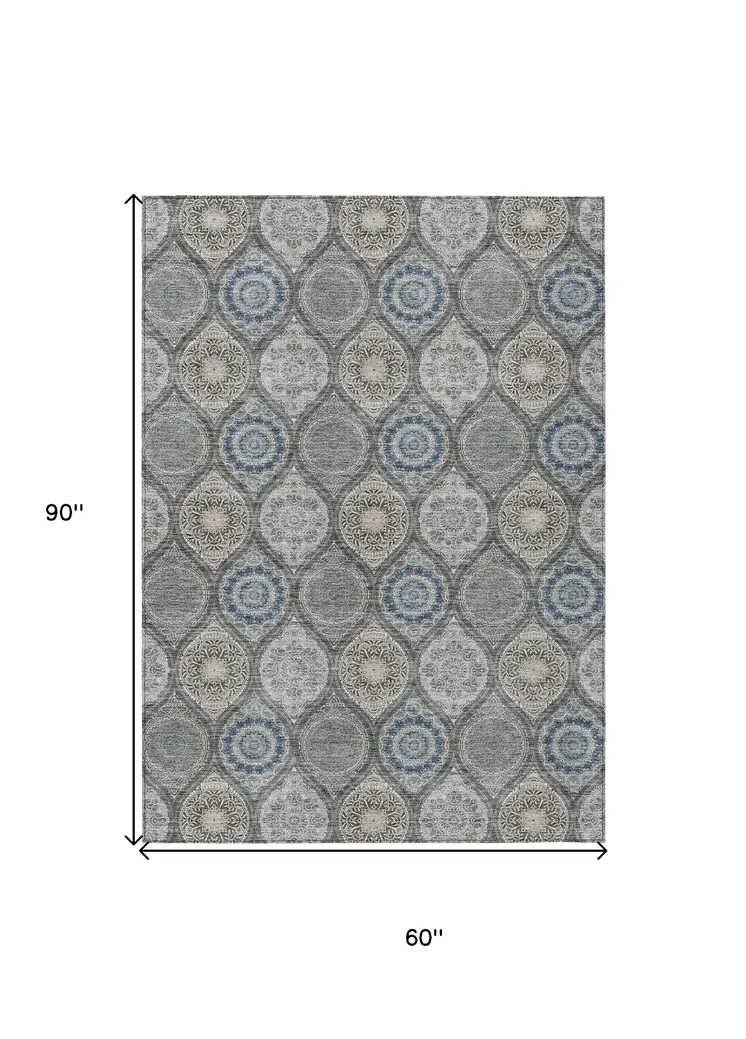 5' X 8' Gray Ivory And Navy Blue Floral Medallion Washable Indoor Outdoor Area Rug