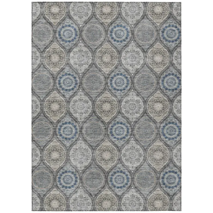 5' X 8' Gray Ivory And Navy Blue Floral Medallion Washable Indoor Outdoor Area Rug
