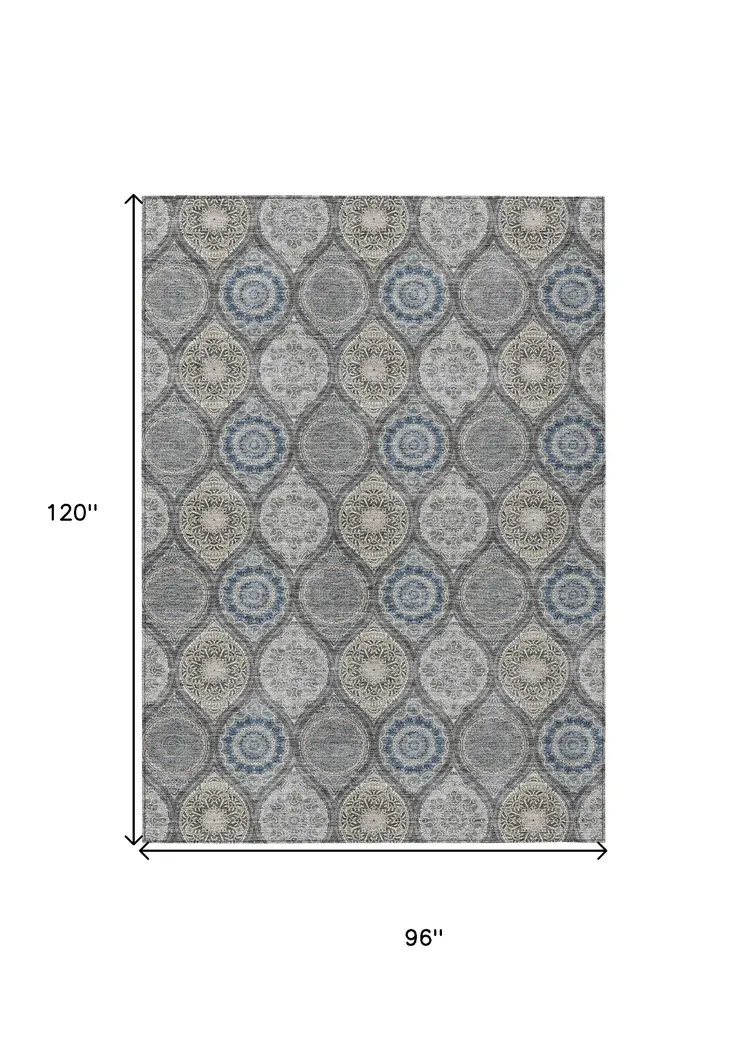8' X 10' Gray Ivory And Navy Blue Floral Medallion Washable Indoor Outdoor Area Rug