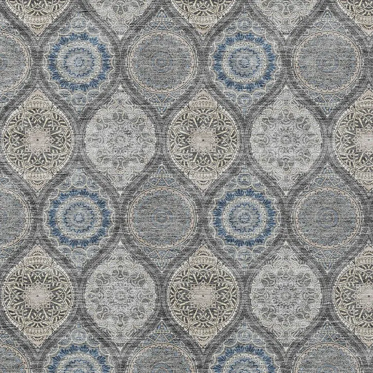 8' X 10' Gray Ivory And Navy Blue Floral Medallion Washable Indoor Outdoor Area Rug