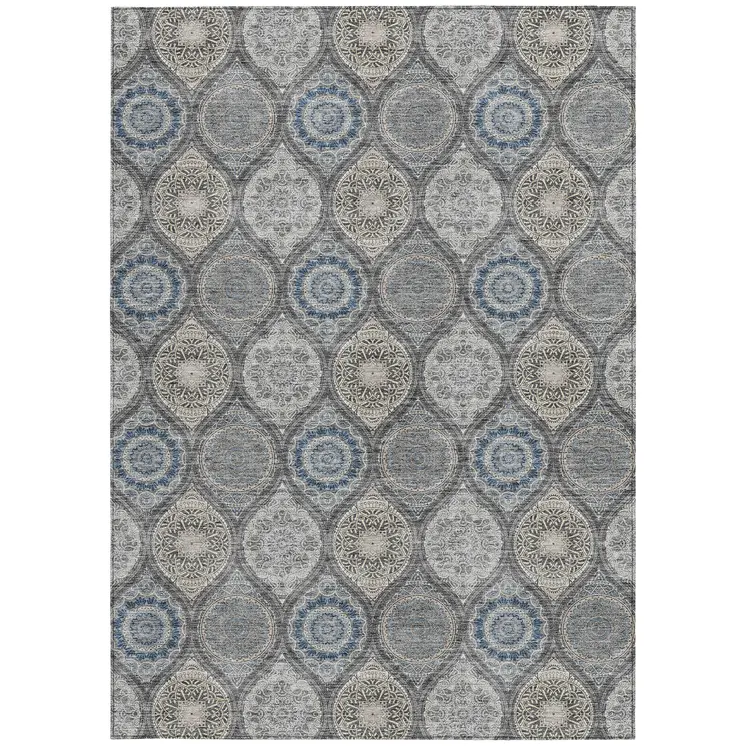 9' X 12' Gray Ivory And Navy Blue Floral Medallion Washable Indoor Outdoor Area Rug