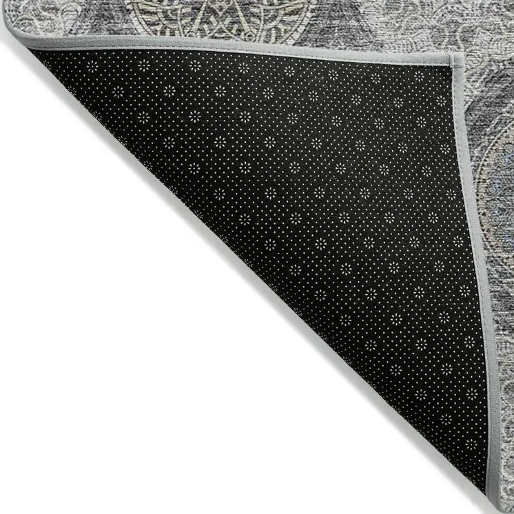 10' X 14' Gray Ivory And Navy Blue Floral Medallion Washable Indoor Outdoor Area Rug