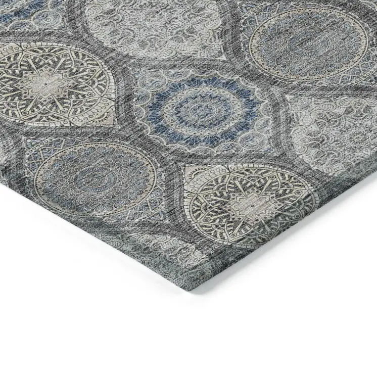10' X 14' Gray Ivory And Navy Blue Floral Medallion Washable Indoor Outdoor Area Rug