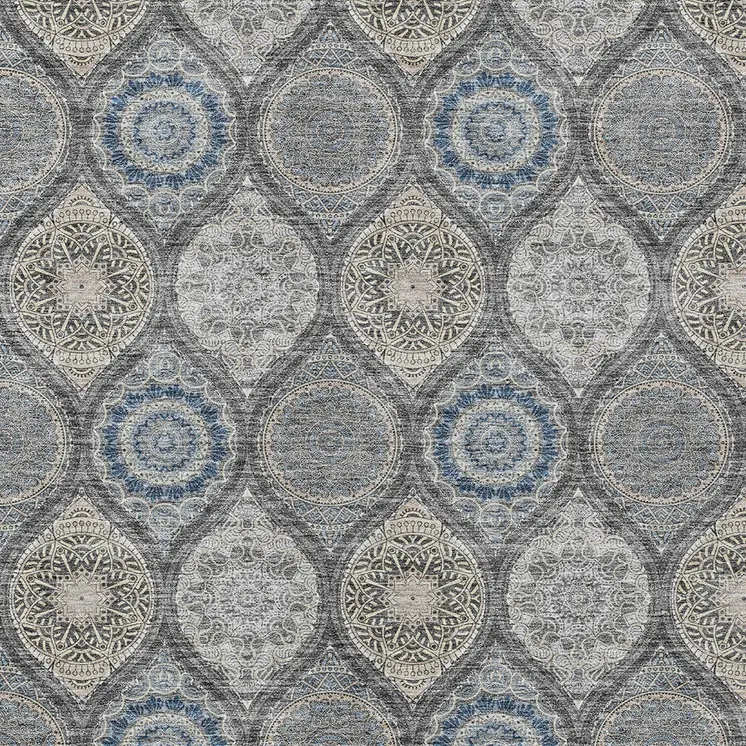10' X 14' Gray Ivory And Navy Blue Floral Medallion Washable Indoor Outdoor Area Rug