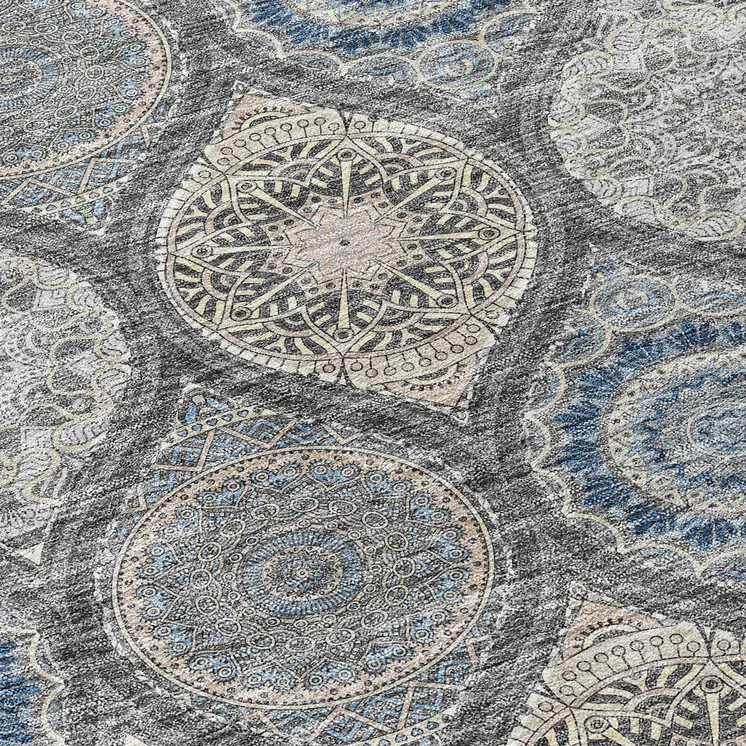 10' X 14' Gray Ivory And Navy Blue Floral Medallion Washable Indoor Outdoor Area Rug