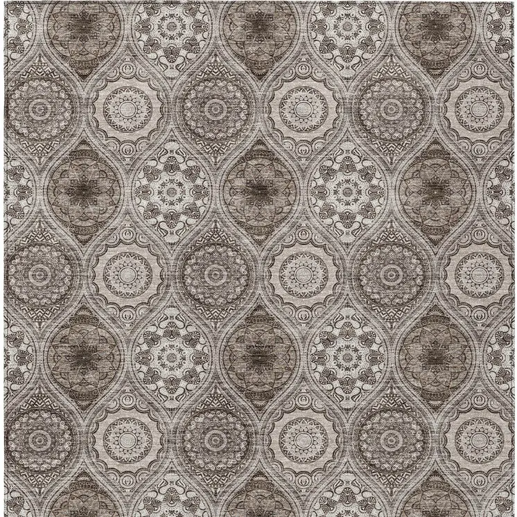 3' X 5' Khaki Ivory And Taupe Floral Medallion Washable Indoor Outdoor Area Rug