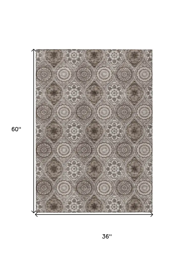 3' X 5' Khaki Ivory And Taupe Floral Medallion Washable Indoor Outdoor Area Rug