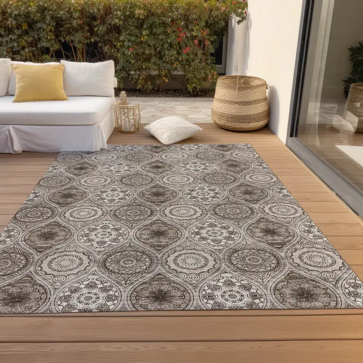 3' X 5' Khaki Ivory And Taupe Floral Medallion Washable Indoor Outdoor Area Rug