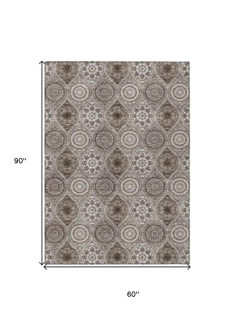 5' X 8' Khaki Ivory And Taupe Floral Medallion Washable Indoor Outdoor Area Rug