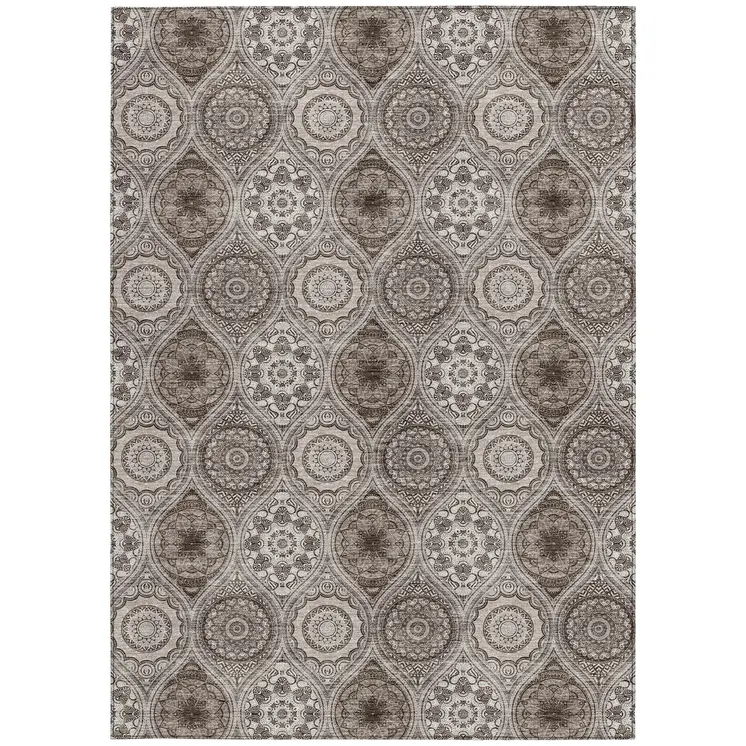 5' X 8' Khaki Ivory And Taupe Floral Medallion Washable Indoor Outdoor Area Rug