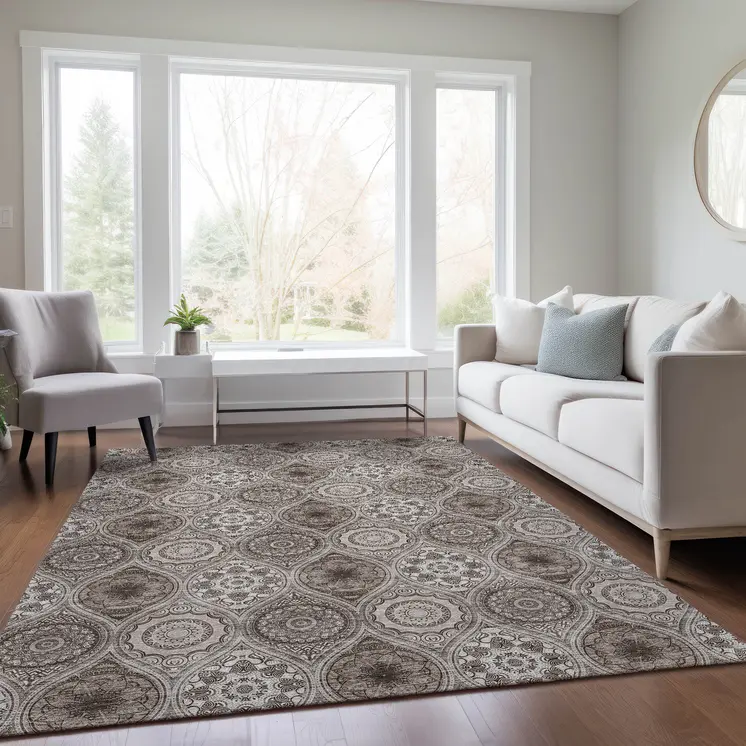 5' X 8' Khaki Ivory And Taupe Floral Medallion Washable Indoor Outdoor Area Rug