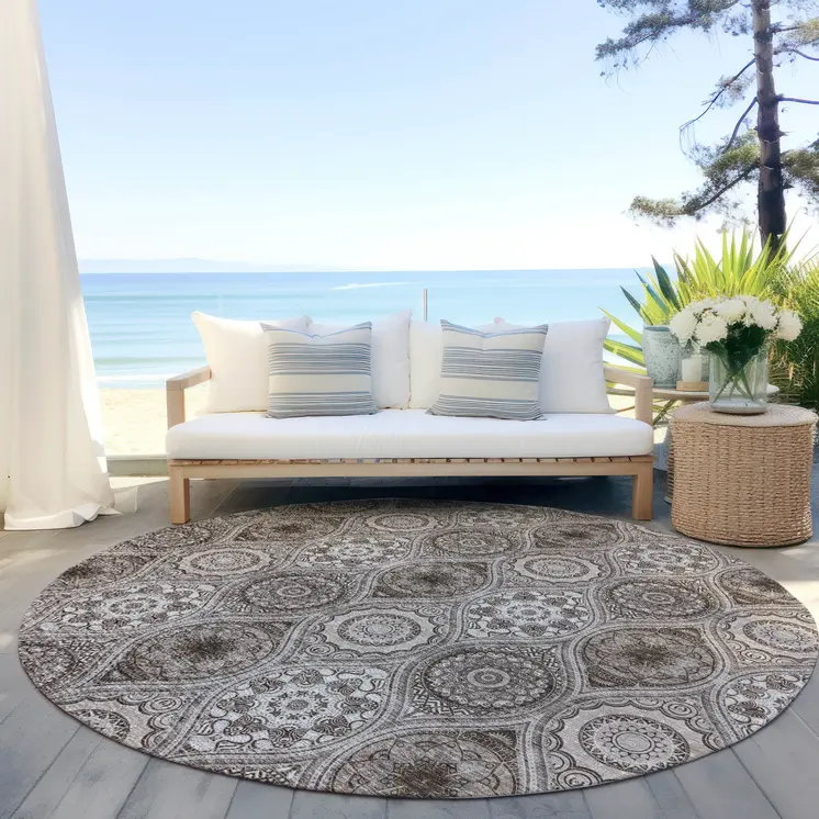 8' Khaki Ivory And Taupe Round Floral Medallion Washable Indoor Outdoor Area Rug