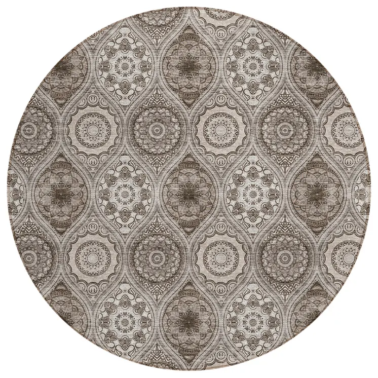 8' Khaki Ivory And Taupe Round Floral Medallion Washable Indoor Outdoor Area Rug