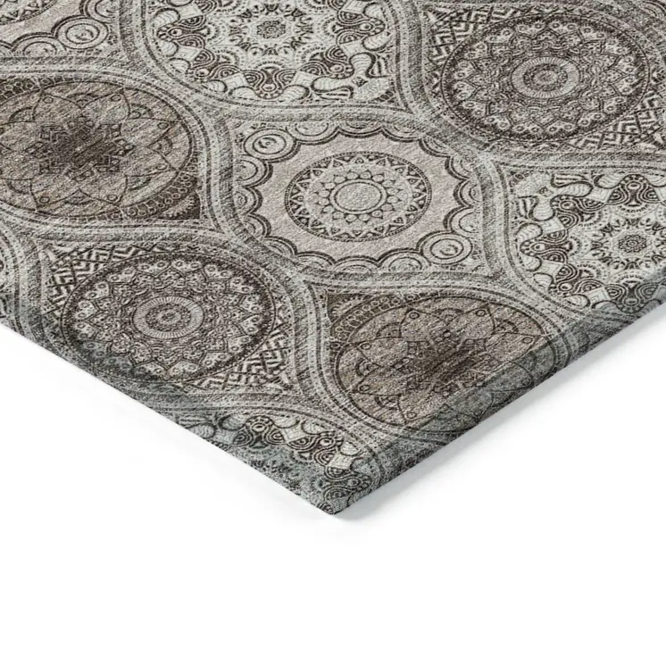 8' Khaki Ivory And Taupe Round Floral Medallion Washable Indoor Outdoor Area Rug