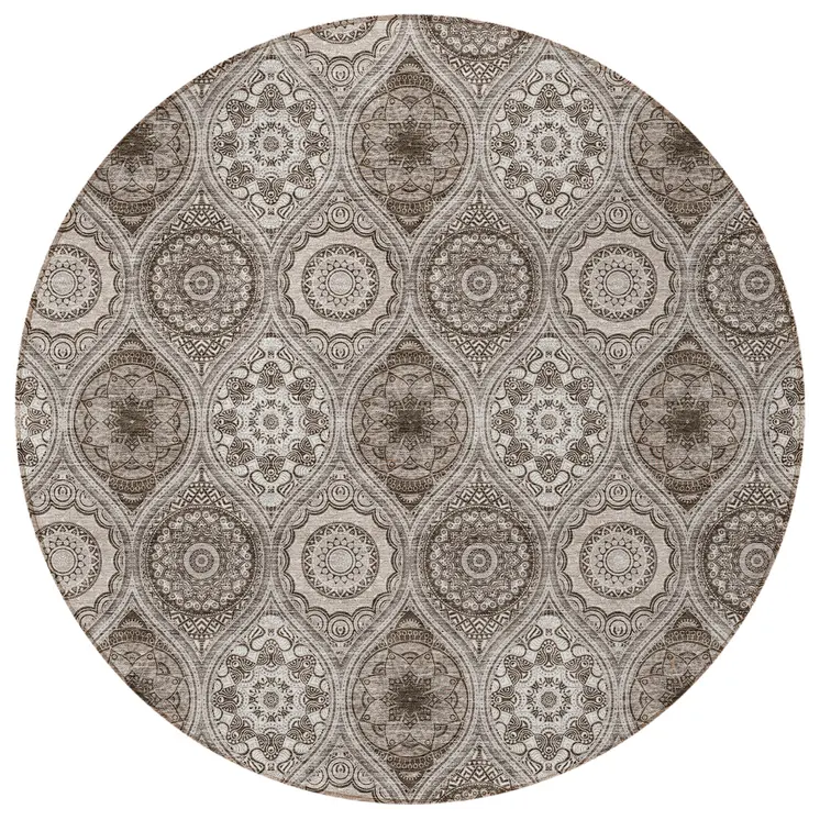 8' Khaki Ivory And Taupe Round Floral Medallion Washable Indoor Outdoor Area Rug