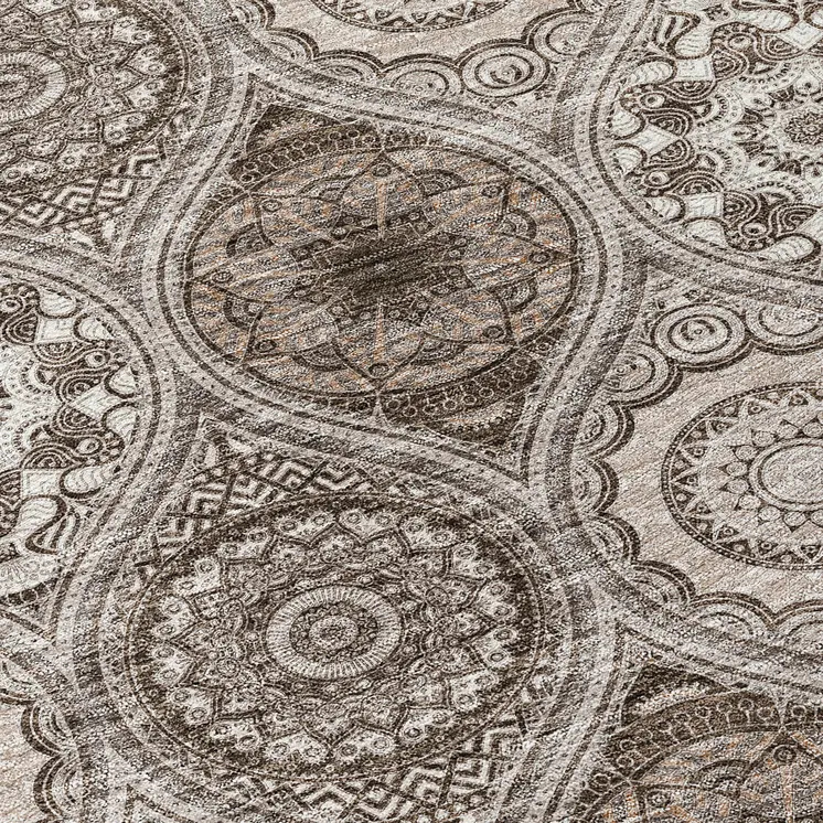 8' Khaki Ivory And Taupe Round Floral Medallion Washable Indoor Outdoor Area Rug