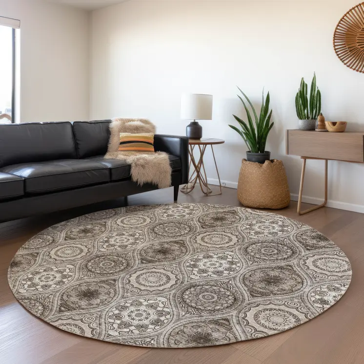 8' Khaki Ivory And Taupe Round Floral Medallion Washable Indoor Outdoor Area Rug