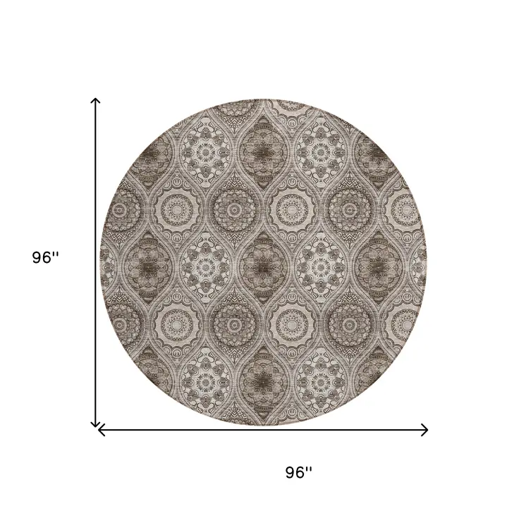 8' Khaki Ivory And Taupe Round Floral Medallion Washable Indoor Outdoor Area Rug