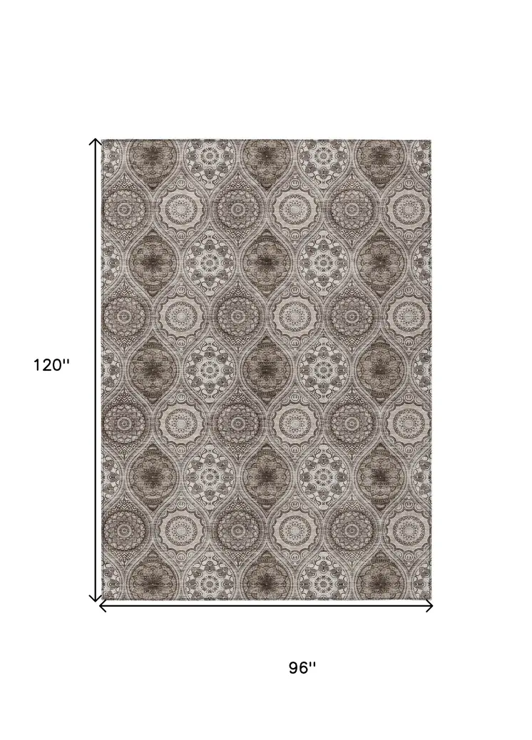 8' X 10' Khaki Ivory And Taupe Floral Medallion Washable Indoor Outdoor Area Rug