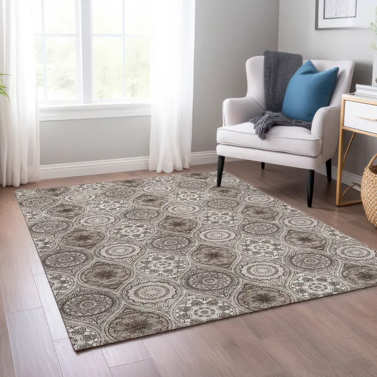 8' X 10' Khaki Ivory And Taupe Floral Medallion Washable Indoor Outdoor Area Rug