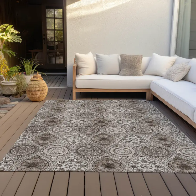 8' X 10' Khaki Ivory And Taupe Floral Medallion Washable Indoor Outdoor Area Rug