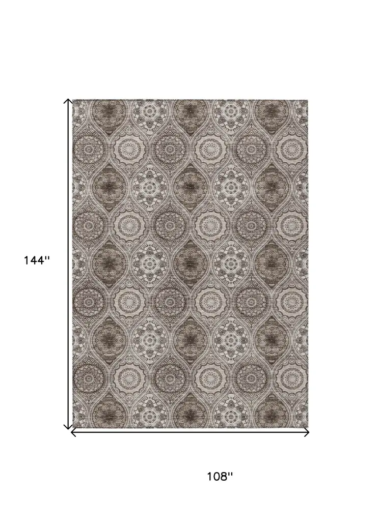 9' X 12' Khaki Ivory And Taupe Floral Medallion Washable Indoor Outdoor Area Rug